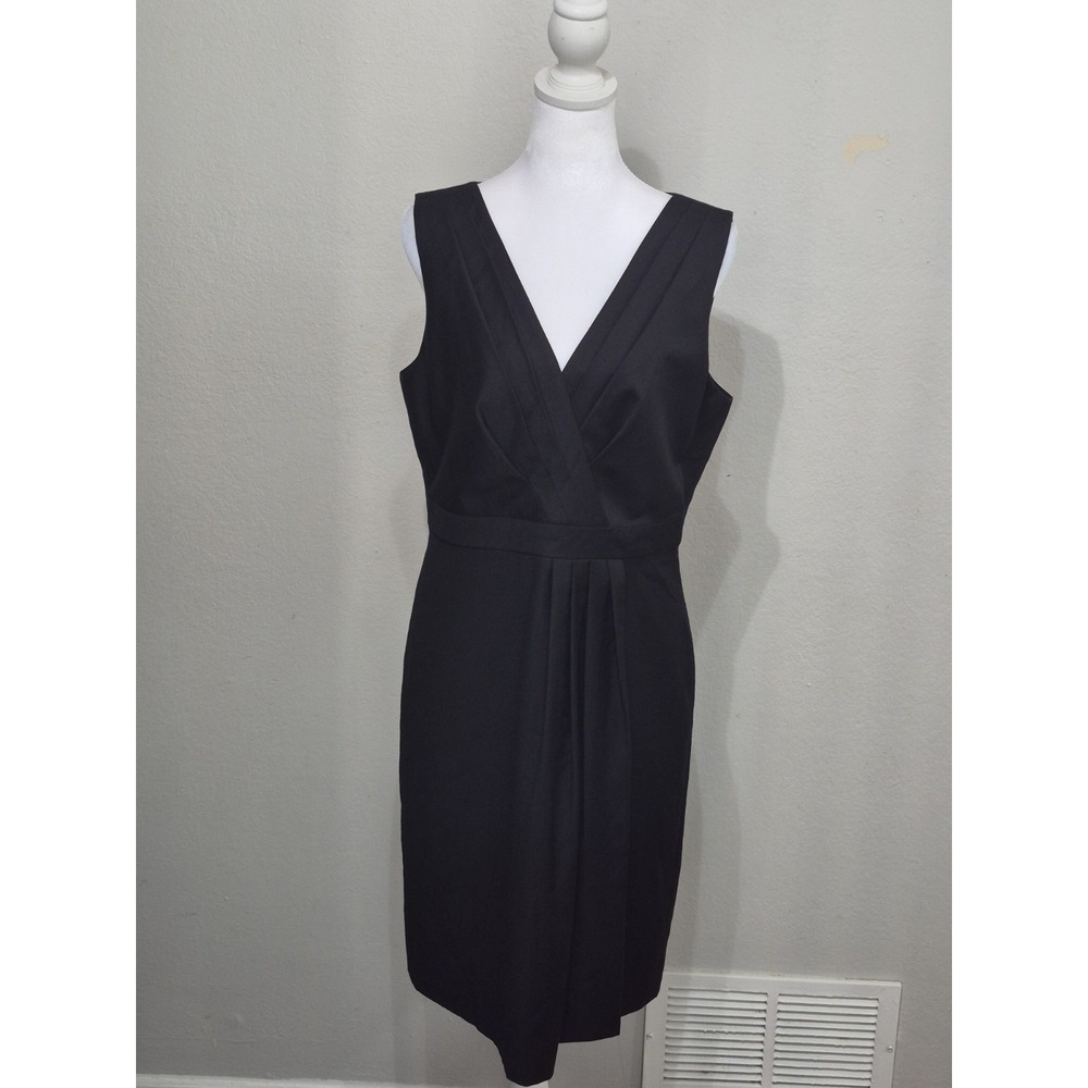 J.Crew Women Size 10 Black 100% Wool Sheath Dress Pleated V Neck Career Minimal